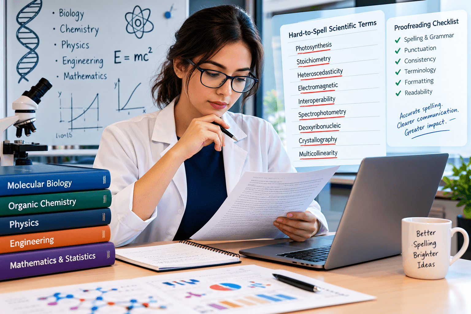 Hard-to-spell STEM research words and scientific terminology on a manuscript