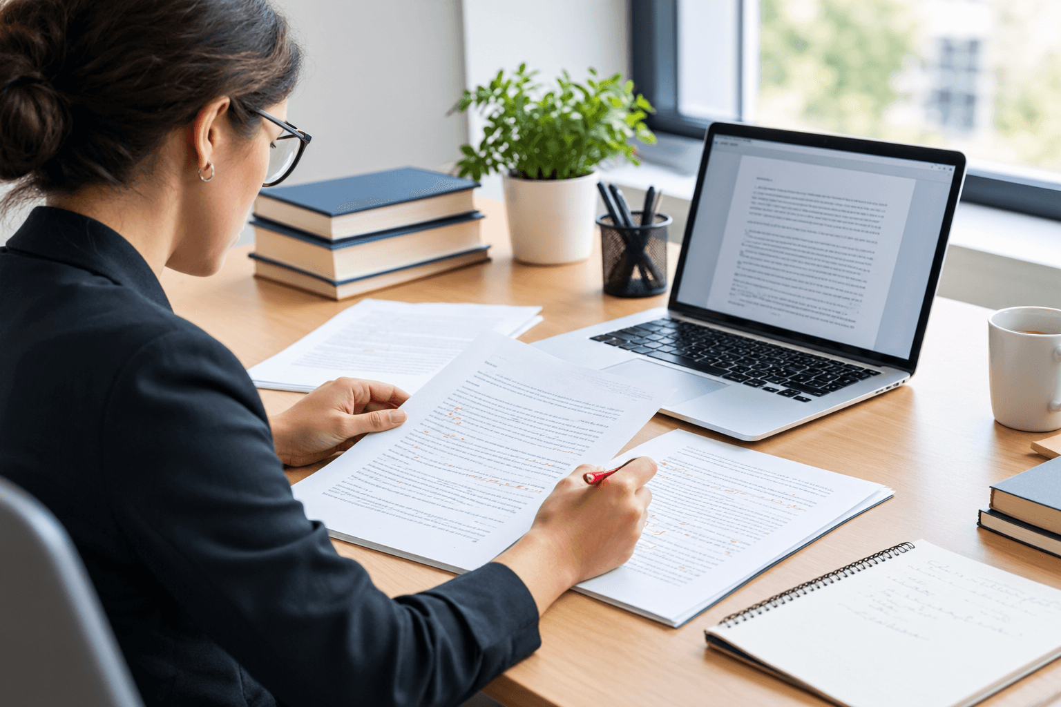 Professional proofreading workspace with a proofreader reviewing a document