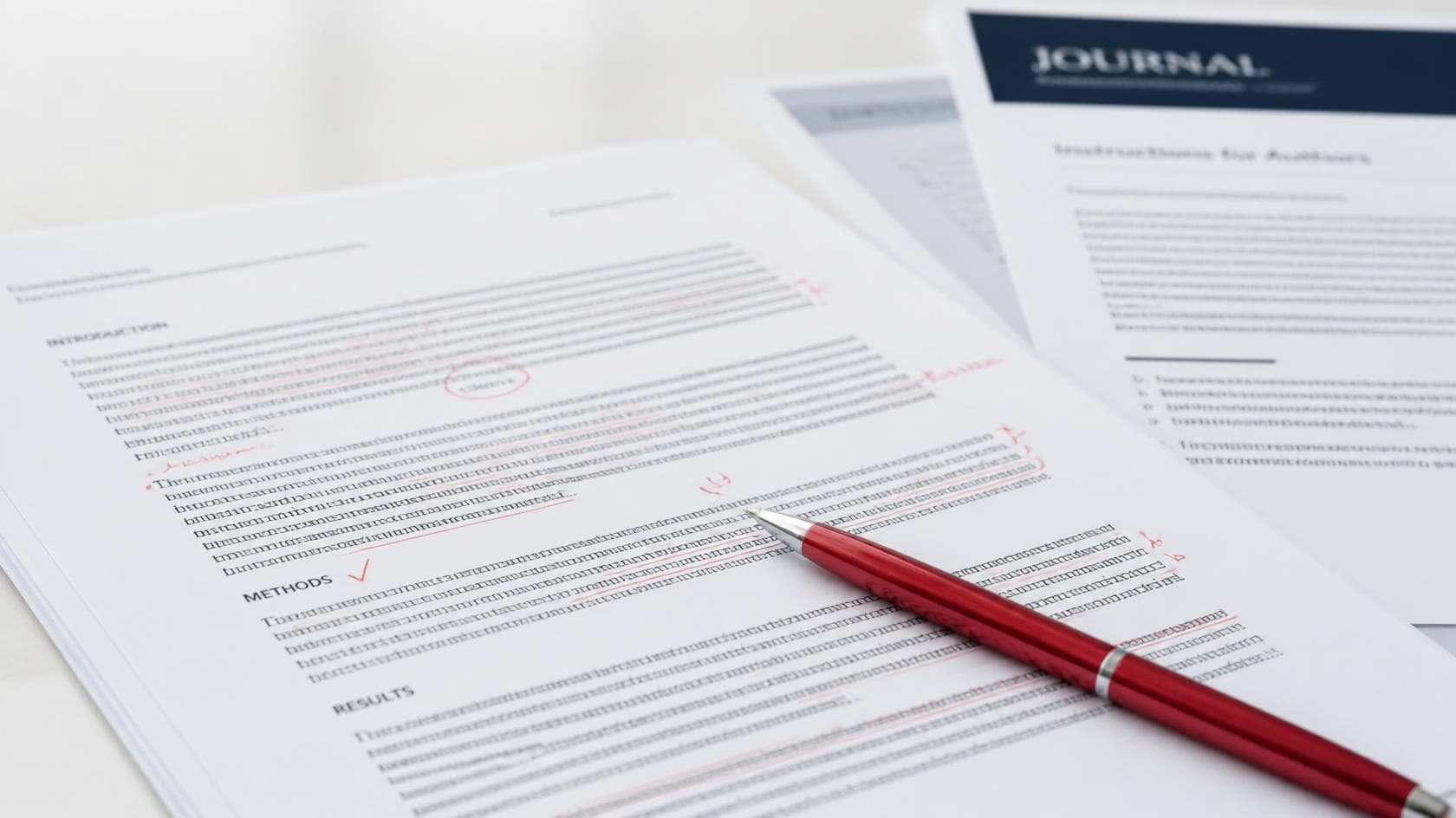 Red pen editing marks on academic manuscript for ESL researchers